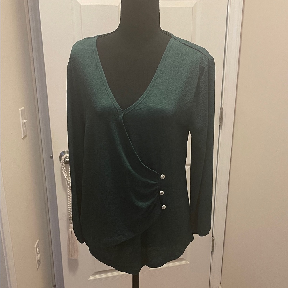 Fred David Deep Teal Faux-Wrap Blouse with Pearl Buttons